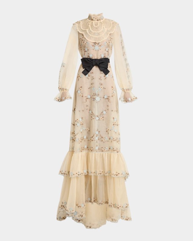 Ruffle Embroidered Bib Long-Sleeve Bow Gown